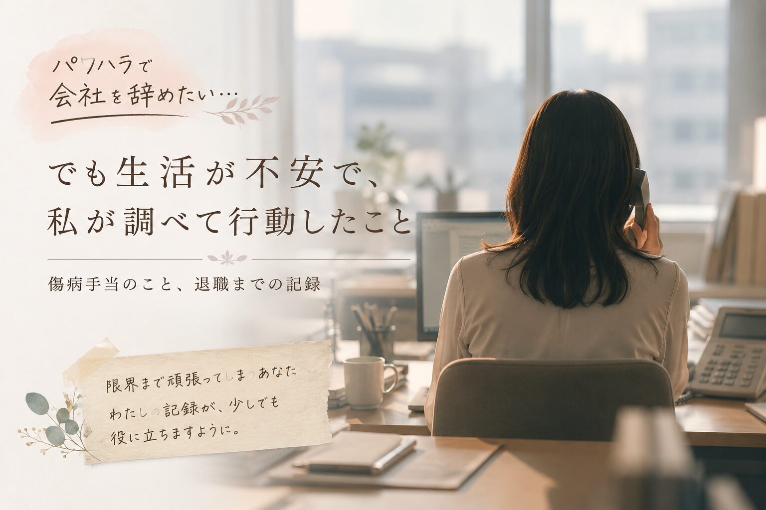 オフィスで電話対応をする女性の後ろ姿。パワハラと退職の不安を表現したイメージ。